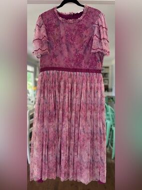 Ivy City Co Sugar Plum Fairy Dress Plum Floral Sequin Pleated Midi